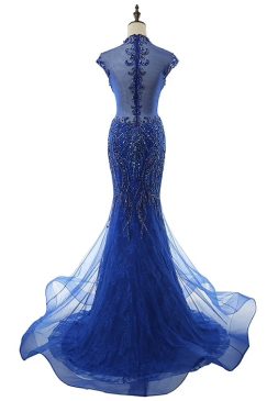Alternative view of Blue Heavily Crystal Beaded Mermaid Party Gown