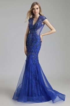 Blue Heavily Crystal Beaded Mermaid Party Gown