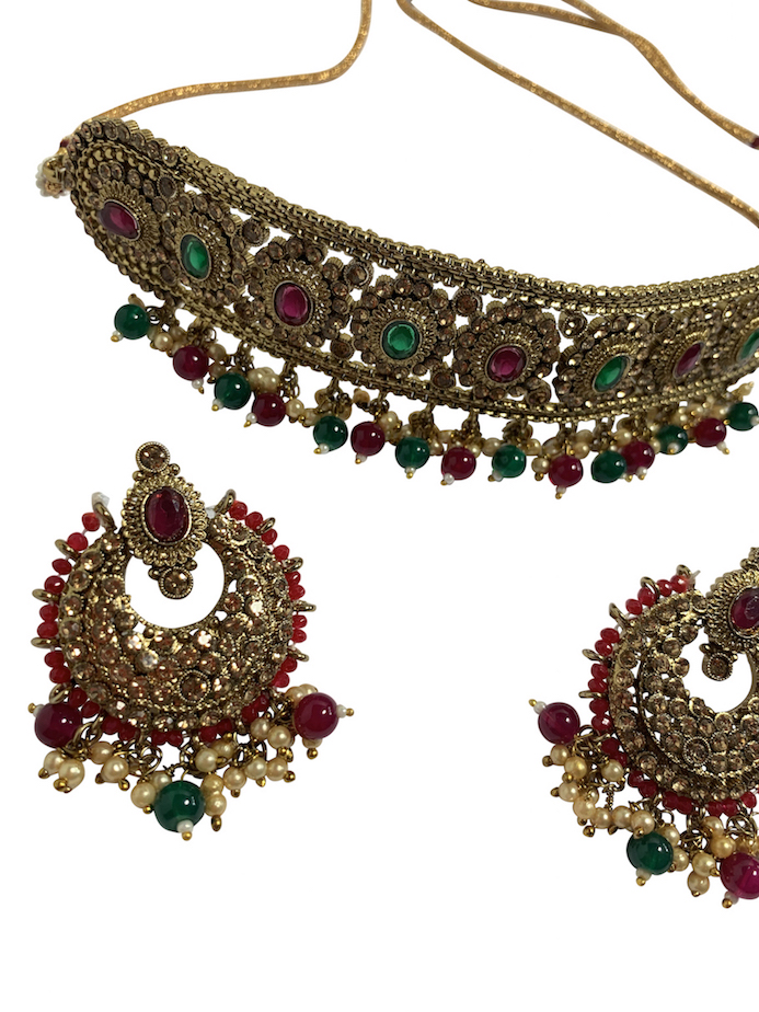 Multi Coloured Antique Gold BAHRA Choker Necklace And Chand Bali Set - Image 3