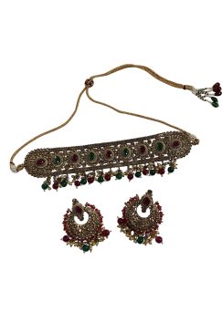 Alternative view of Multi Coloured Antique Gold BAHRA Choker Necklace And Chand Bali Set