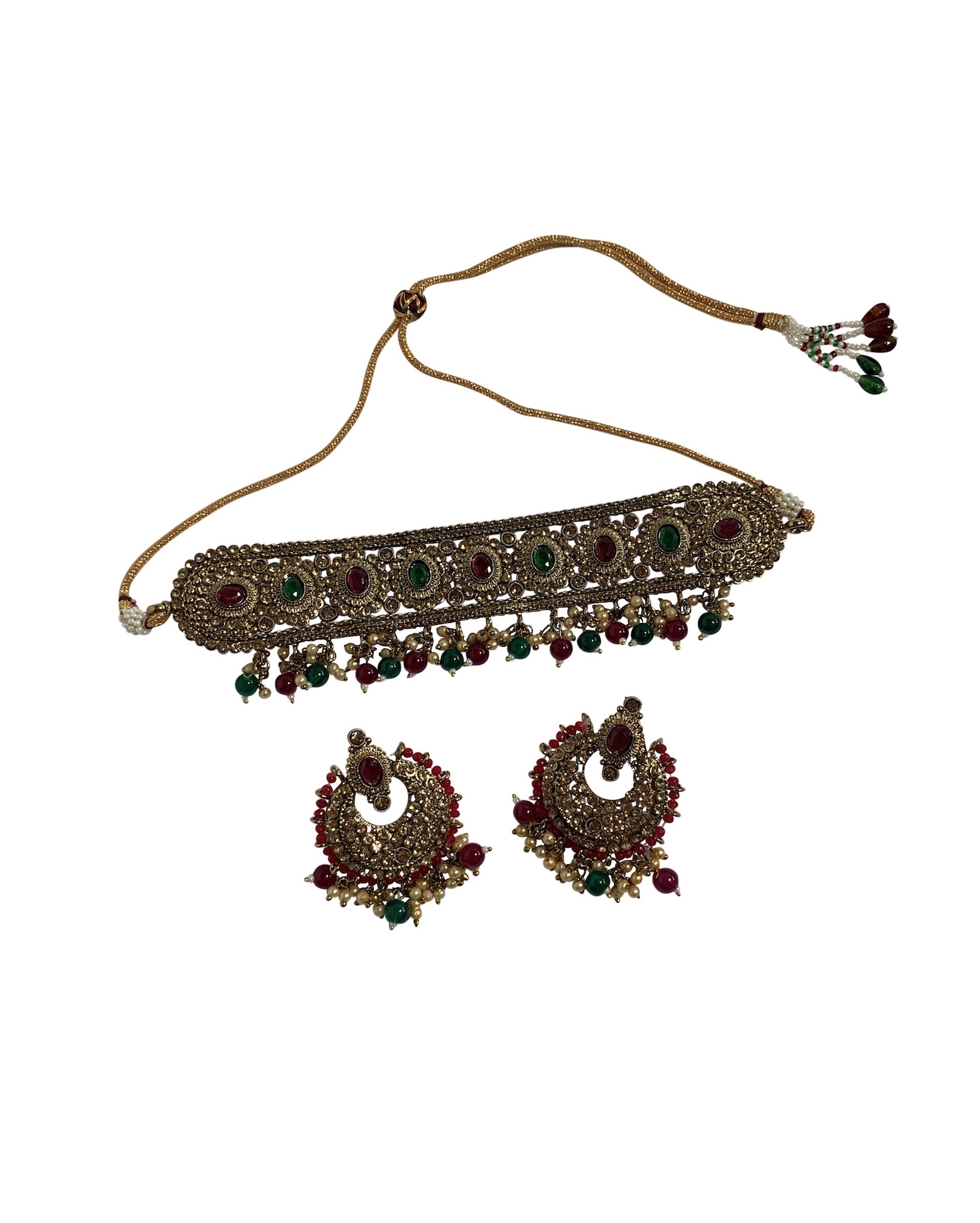 Multi Coloured Antique Gold BAHRA Choker Necklace And Chand Bali Set - Image 2