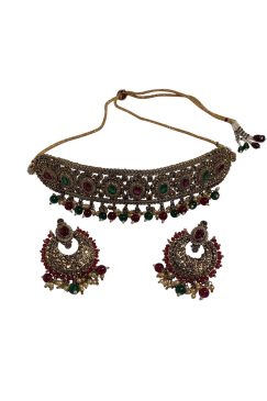 Multi Coloured Antique Gold BAHRA Choker Necklace And Chand Bali Set