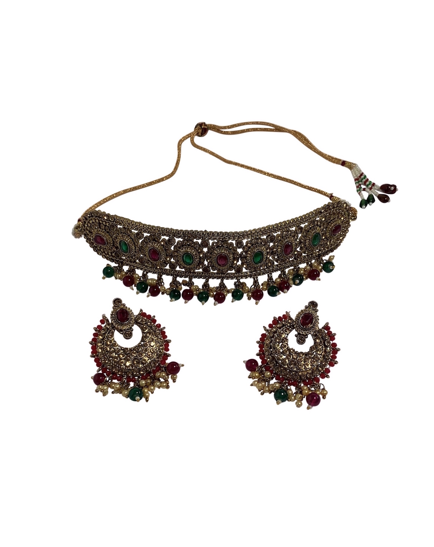 Multi Coloured Antique Gold BAHRA Choker Necklace And Chand Bali Set