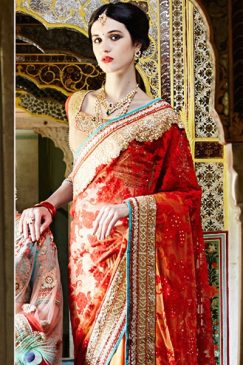 Alternative view of Orange Net And Georgette Saree