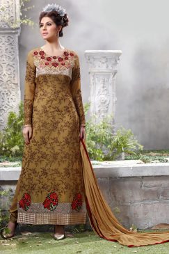 Brown Georgette Straight Cut Salwar Kameez