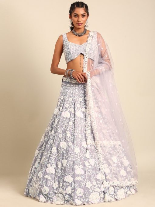 Mauve Floral Embroidered Net Bridal Lehenga Choli