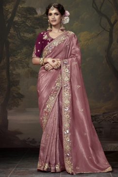 Rose Pink Embroidered Wedding Saree