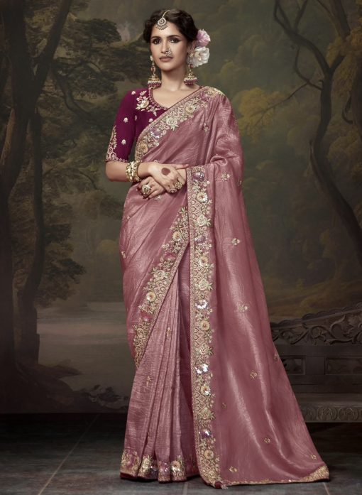 Rose Pink Embroidered Wedding Saree