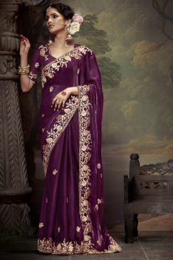 Purple Embroidered Wedding Saree
