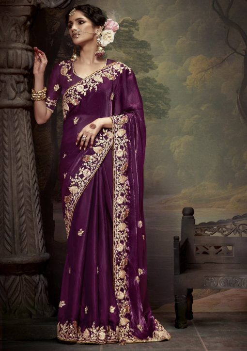 Purple Embroidered Wedding Saree