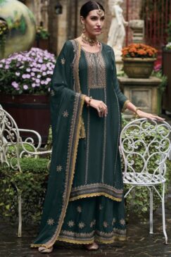 Teal Chinon Embroidered Palazzo Salwar Suit