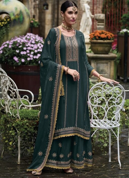 Teal Chinon Embroidered Palazzo Salwar Suit