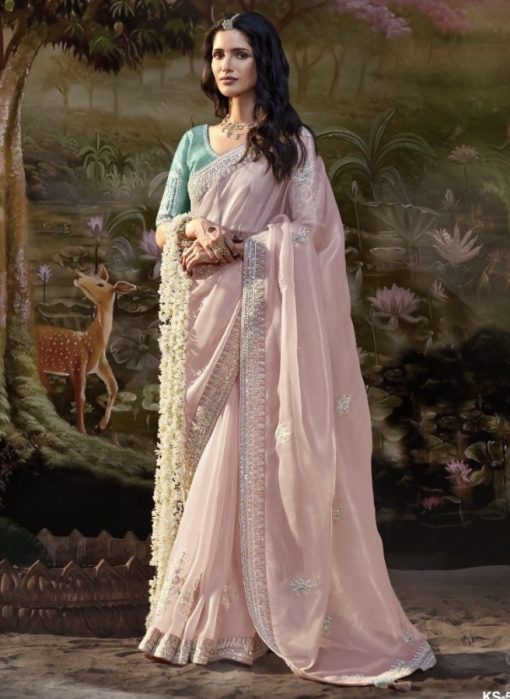 Light Pink Embroidered Wedding Saree