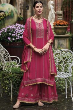Pink Chinon Embroidered Palazzo Salwar Suit