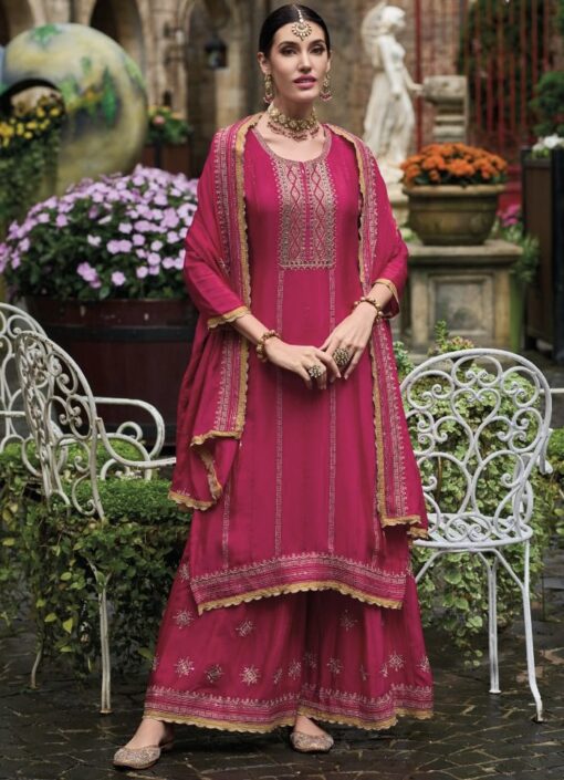 Pink Chinon Embroidered Palazzo Salwar Suit