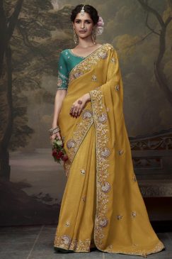 Mustard Embroidered Wedding Saree
