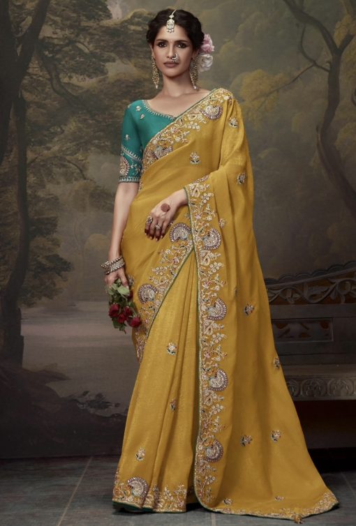 Mustard Embroidered Wedding Saree