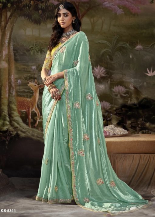 Turquoise Coloured Embroidered Wedding Saree