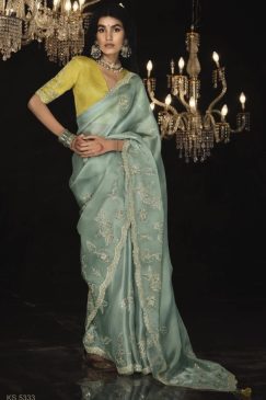 Mint Green Fancy Embroidered Wedding Saree