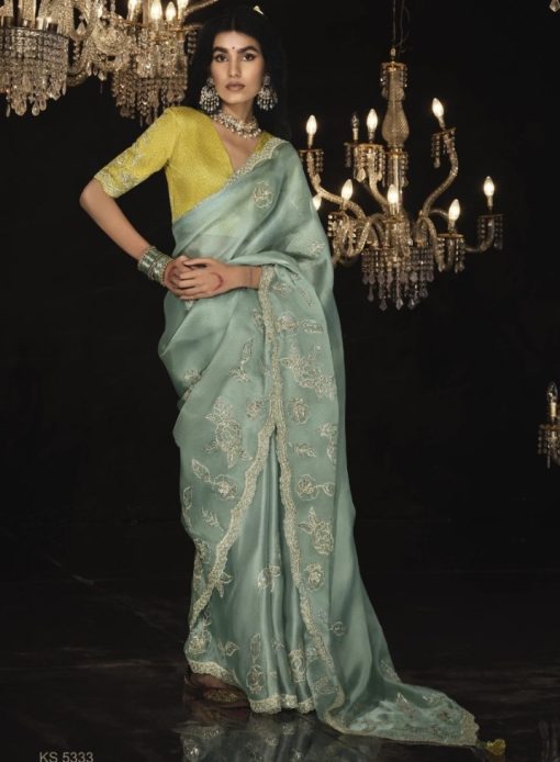 Mint Green Fancy Embroidered Wedding Saree