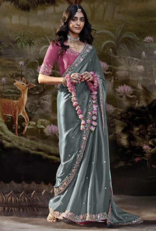 Grey Embroidered Wedding Saree