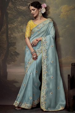 Sky Blue Embroidered Wedding Saree