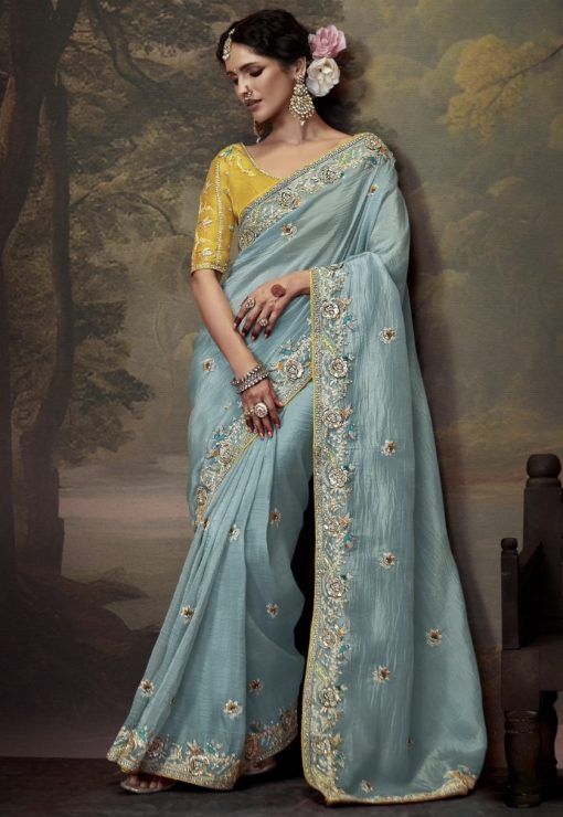 Sky Blue Embroidered Wedding Saree