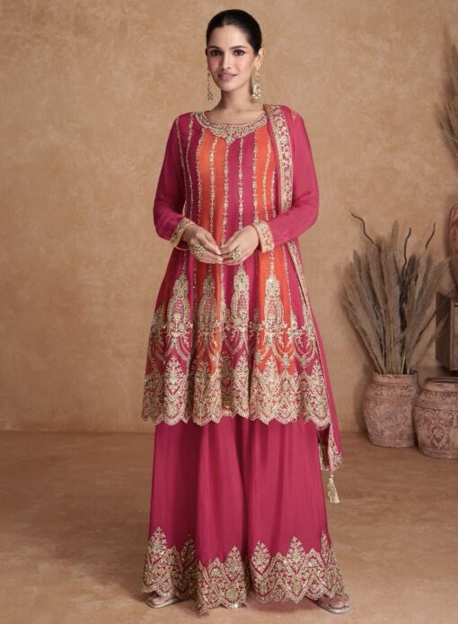 Pink Chinon Embroidered Traditional Sharara Suit