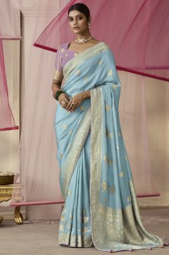 Sky Blue Embroidered Wedding Saree