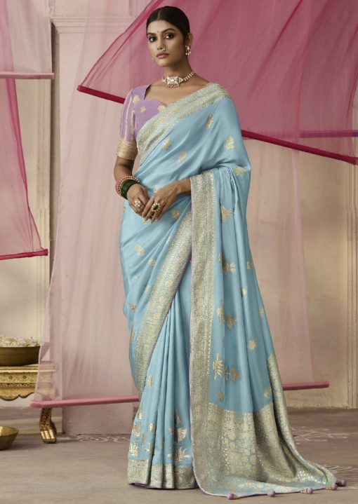Sky Blue Embroidered Wedding Saree