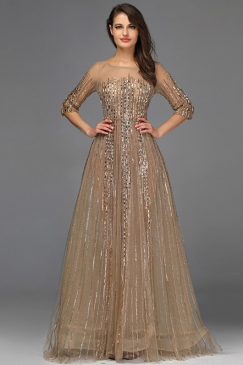 Gold Sheer Sleeve Beaded Evening Dress