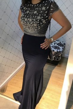 Navy Blue Cap Sleeve Beaded Evening Dress