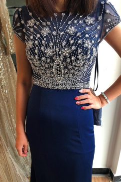Alternative view of Navy Blue Cap Sleeve Beaded Evening Dress