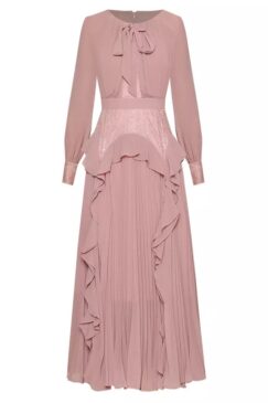 Runway Pink Bow Tie Ruffle Midi Dress