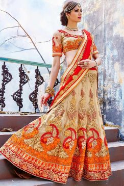 Bridal Orange And Beige Net Lehenga Saree
